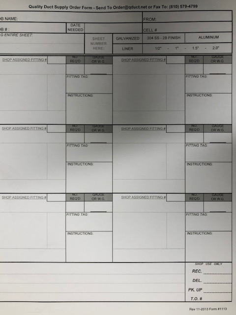 DUCT ORDER FORM (25 SHEETS PER PAD) SOLD IN PAD QTY