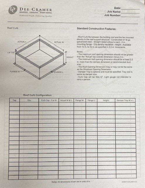 ROOF CURB CONFIGURATION PAD (SOLD PER PAD OF 50)